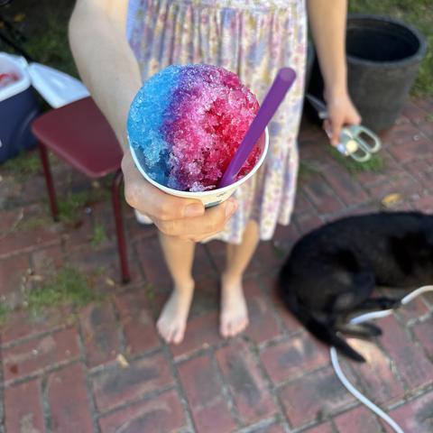 A red and blue snow cone on a sunny day